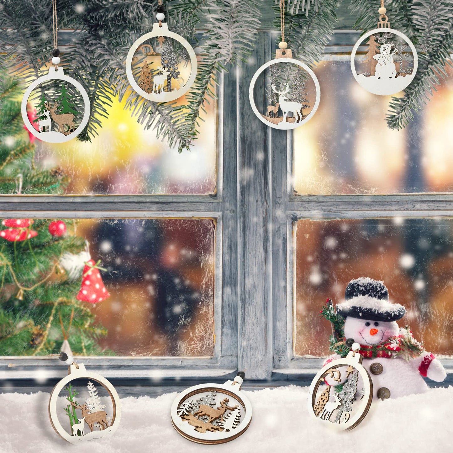 Coume 24 Pcs Christmas Wooden Ornaments Christmas Tree Ornaments Hollow Winter Wood Craved Hanging Craft Decorations Farmhouse Rustic 3D Glitter Reindeer Santa Snowman, 12 Designs