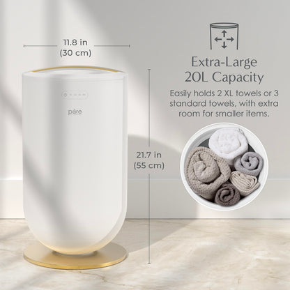 Pure Enrichment PureBliss Luxury Towel Warmer - Extra Large 20L Heats Towels, Robes, Blankets, or Clothing - Modern Bucket Design, 4 Heat Timer Settings & Auto Shut-Off (White & Brushed Gold)