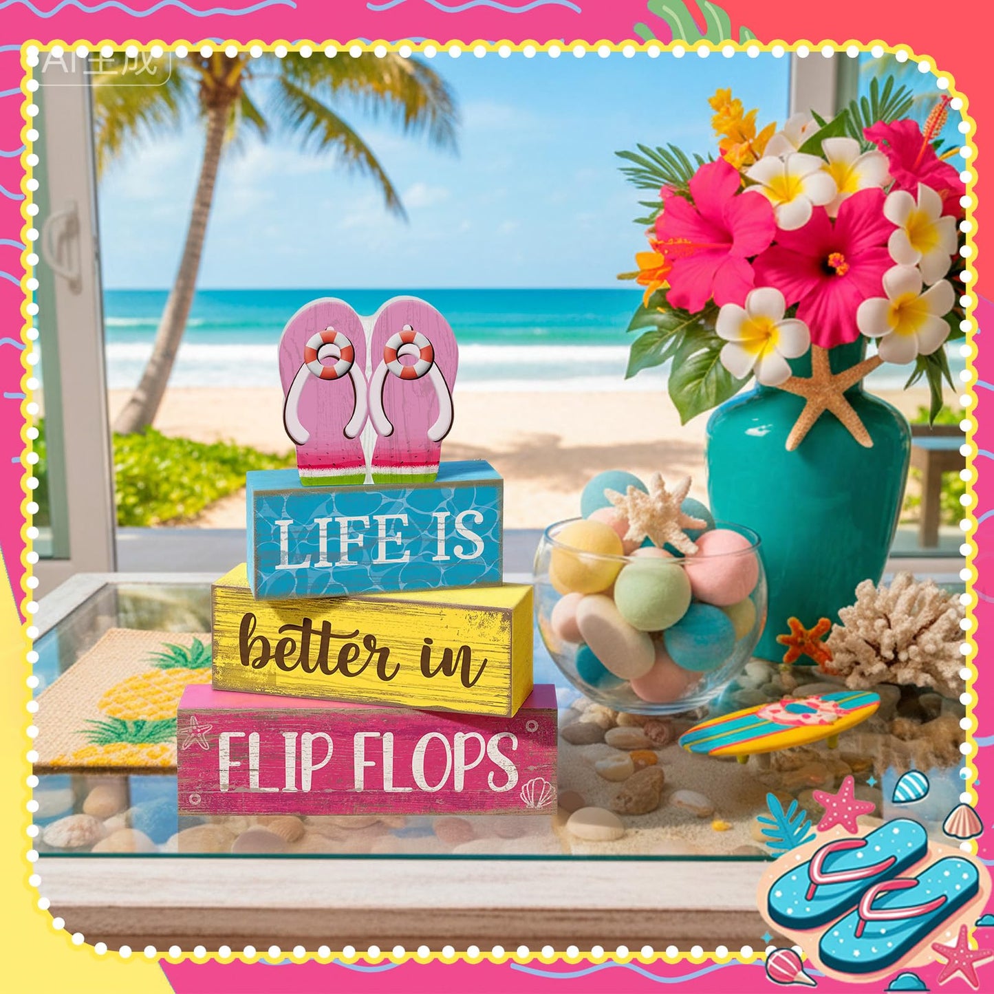 Yuntau 4 Pcs Summer Decorations for Home Flip Flops Table Decorations Wooden Sign Beach Table Centerpiece Summer Tiered Tray Decor Decorative Faux Book Stack Block for Office Coffee Mantel Shelf