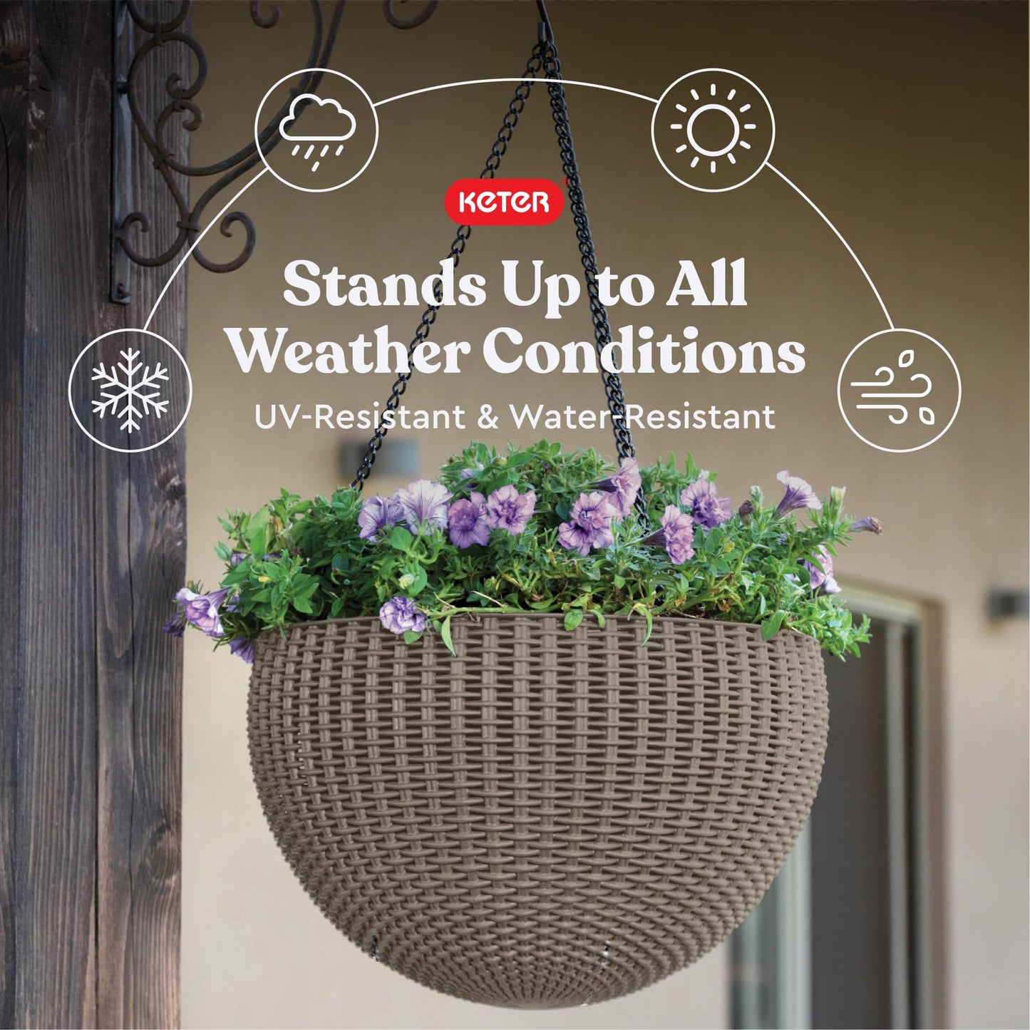Keter Resin Rattan Set of 2 Round Hanging Planter Baskets for Indoor and Outdoor Plants-Perfect for Porches and Patio Decor, Cappuccino