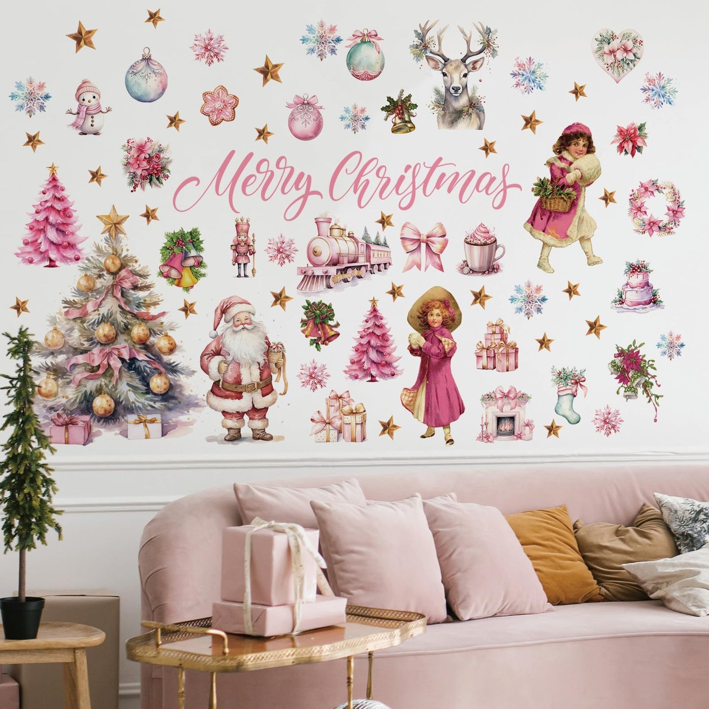 Pink Christmas Wall Decal Merry Christmas Wall Sticker Removable Christmas Tree Santa Girl Wall Decals Decor for Winter Christmas Holiday Party Supplies Home Window Decor