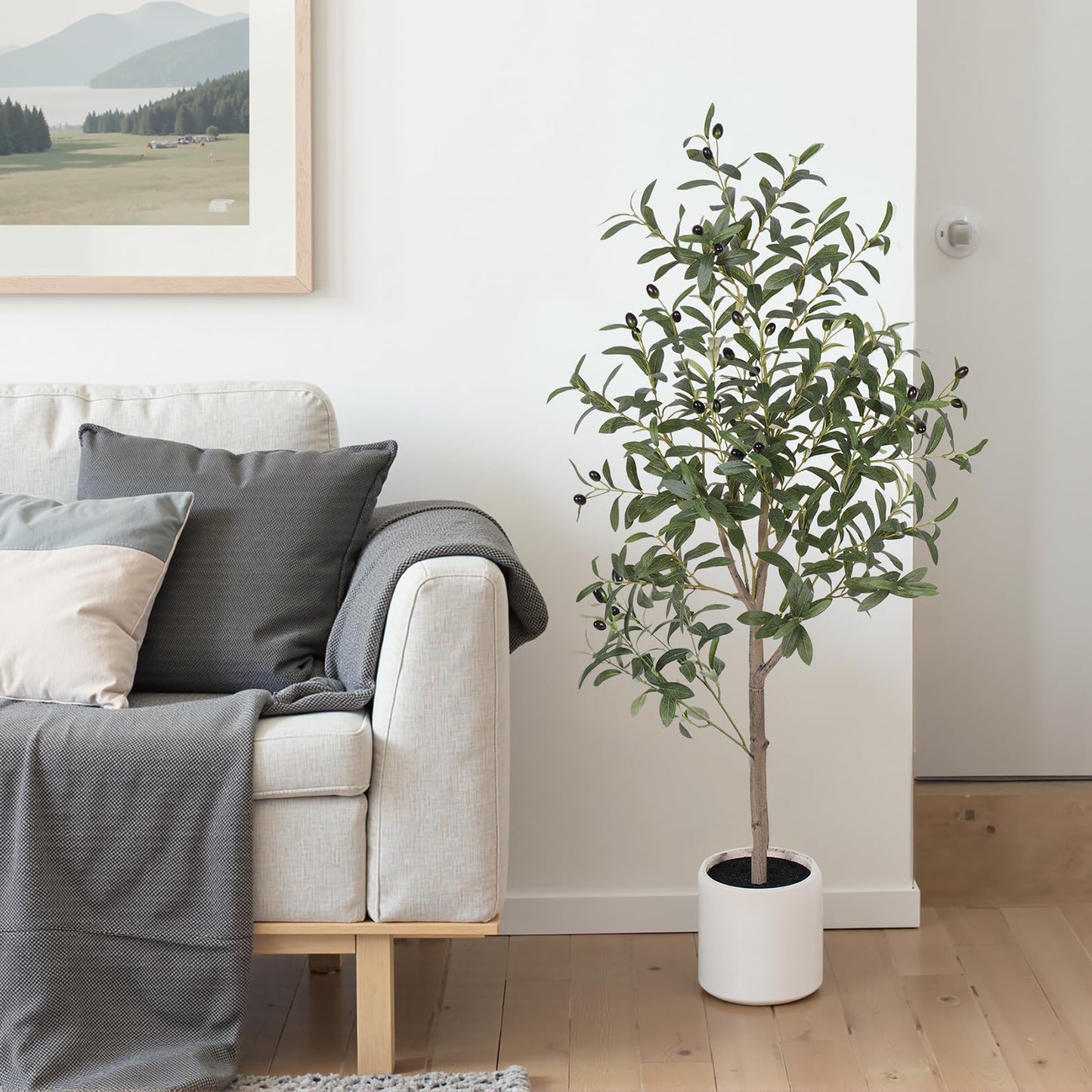 AQUGQ Olive Tree Artificial Indoor, 4ft Tall Silk Faux Olive Tree with White Planter, Artificial Plants with Natural Wood Trunk and Lifelike Fruits for Home Office Decor