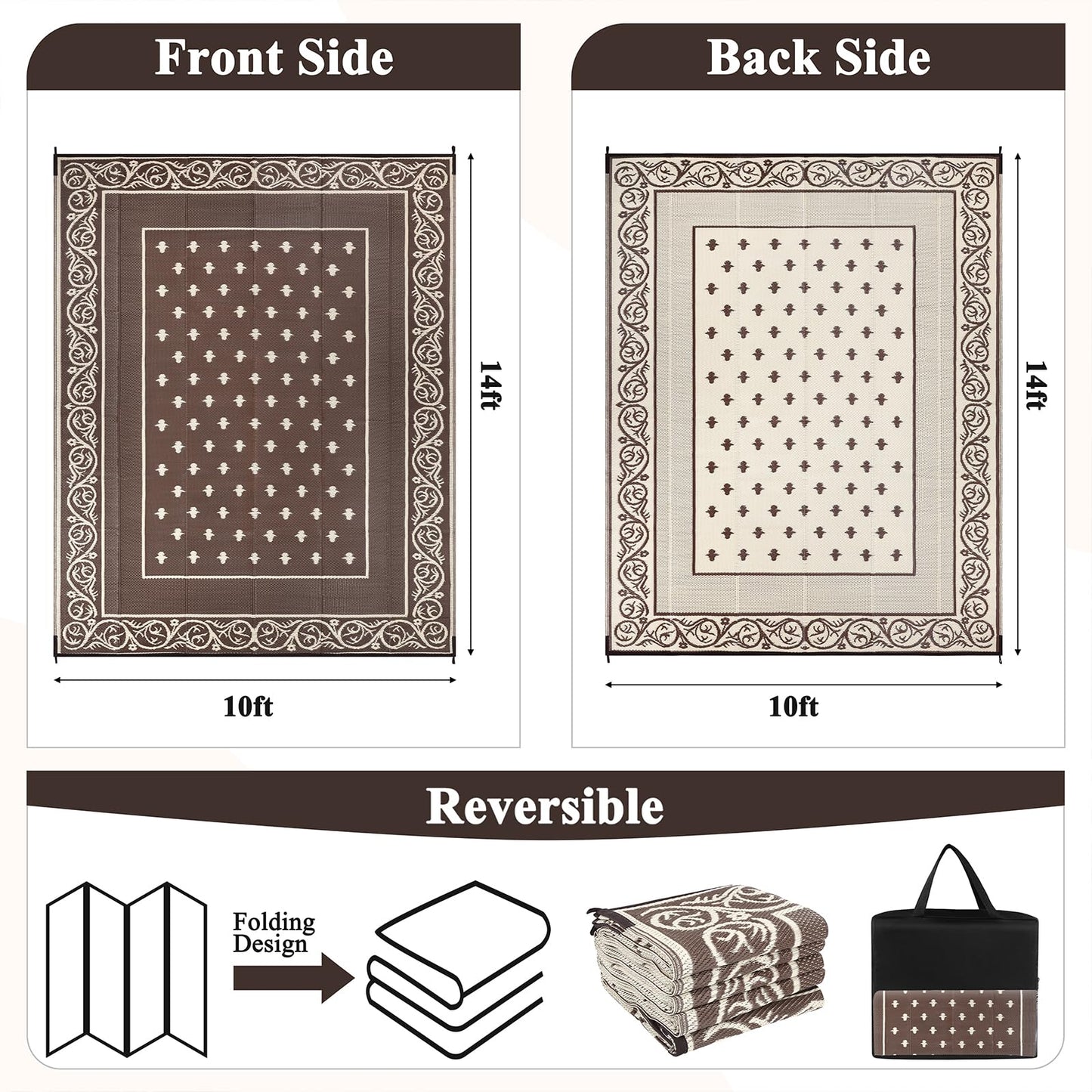 Pauwer Waterproof Outdoor Rug 10x14, Reversible Plastic Straw Patio Camping Rug, Indoor Outdoor RV Mat Carpet for Deck, Camper, Porch, Balcony, Backyard, Picnic, Bordered Brown