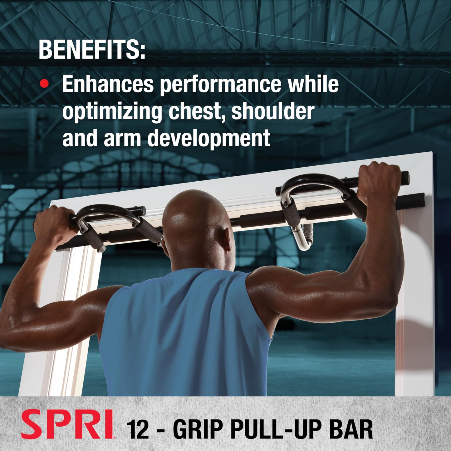 SPRI Pull Up Bar - 12-Grip Door Mounting Pull-Up Bar for Versatile Workouts - Rugged Steel with Foam Handles - Supports 300 Pounds - Fits Door Frames Up to 32 in. Wide - Black