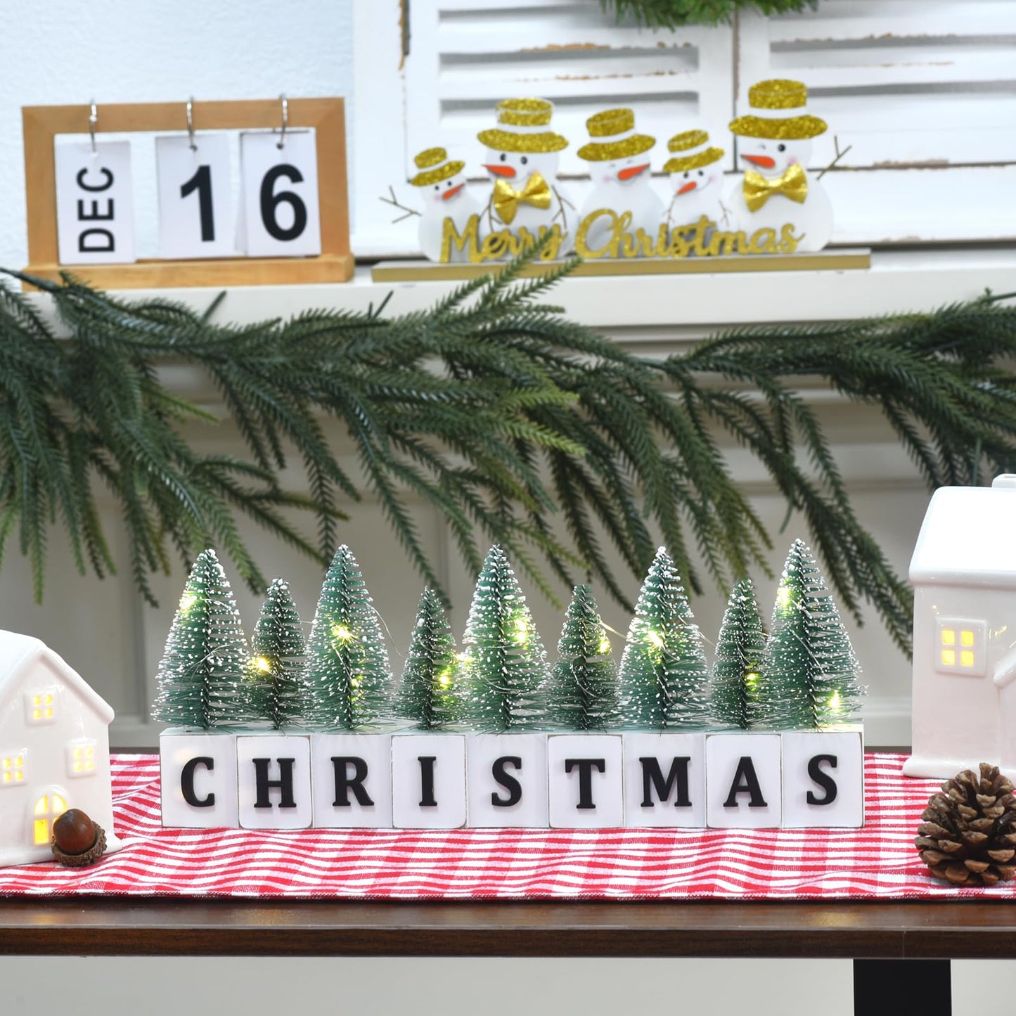 LED Lighted Christmas Tree Tabletop Decoration, Rustic Wooden Christmas Decor with Mini Trees, Xmas Sign Block Table Farmhouse Winter Holiday Centerpiece for Indoor Mantel, Shelf (Green)