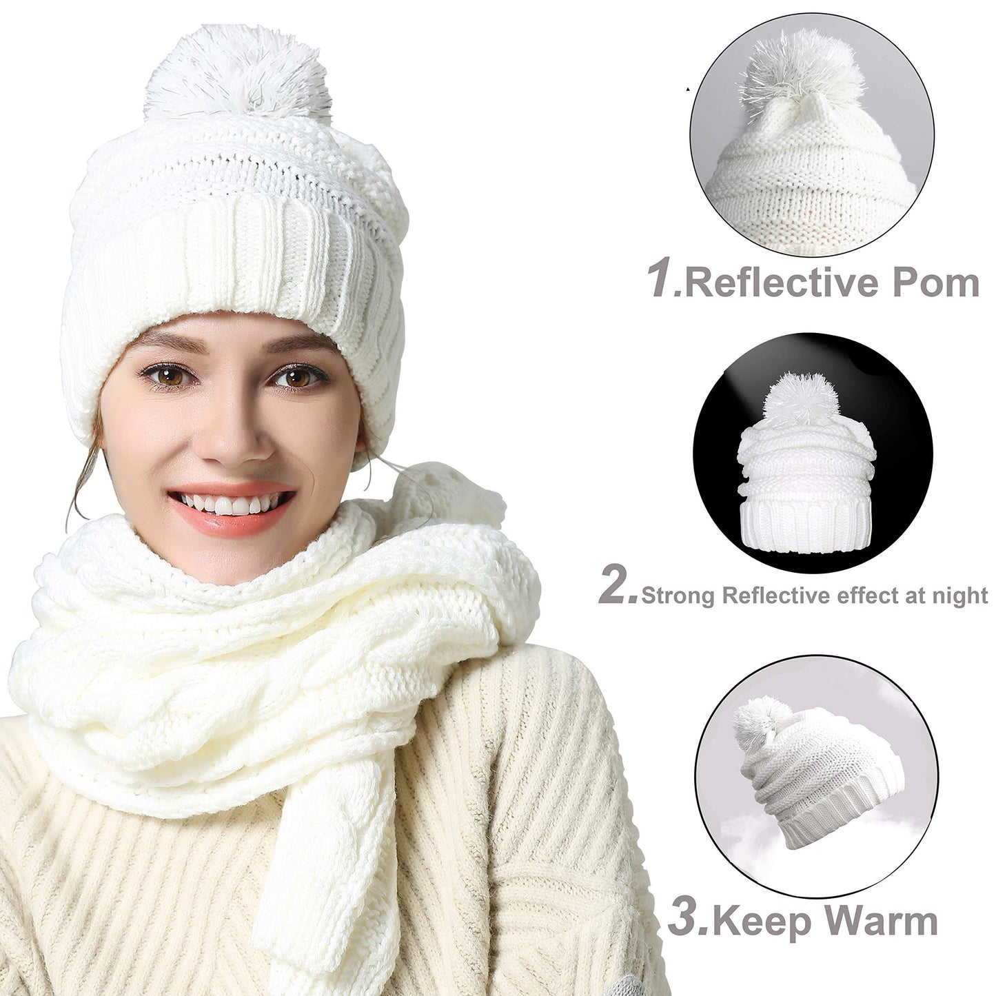 Winter Hat Gloves Scarf Set for Women, Cable Knit Beanie Pom Cap Touch Screen Glove Long Scarf 3PCS Winter Gift for Women Men