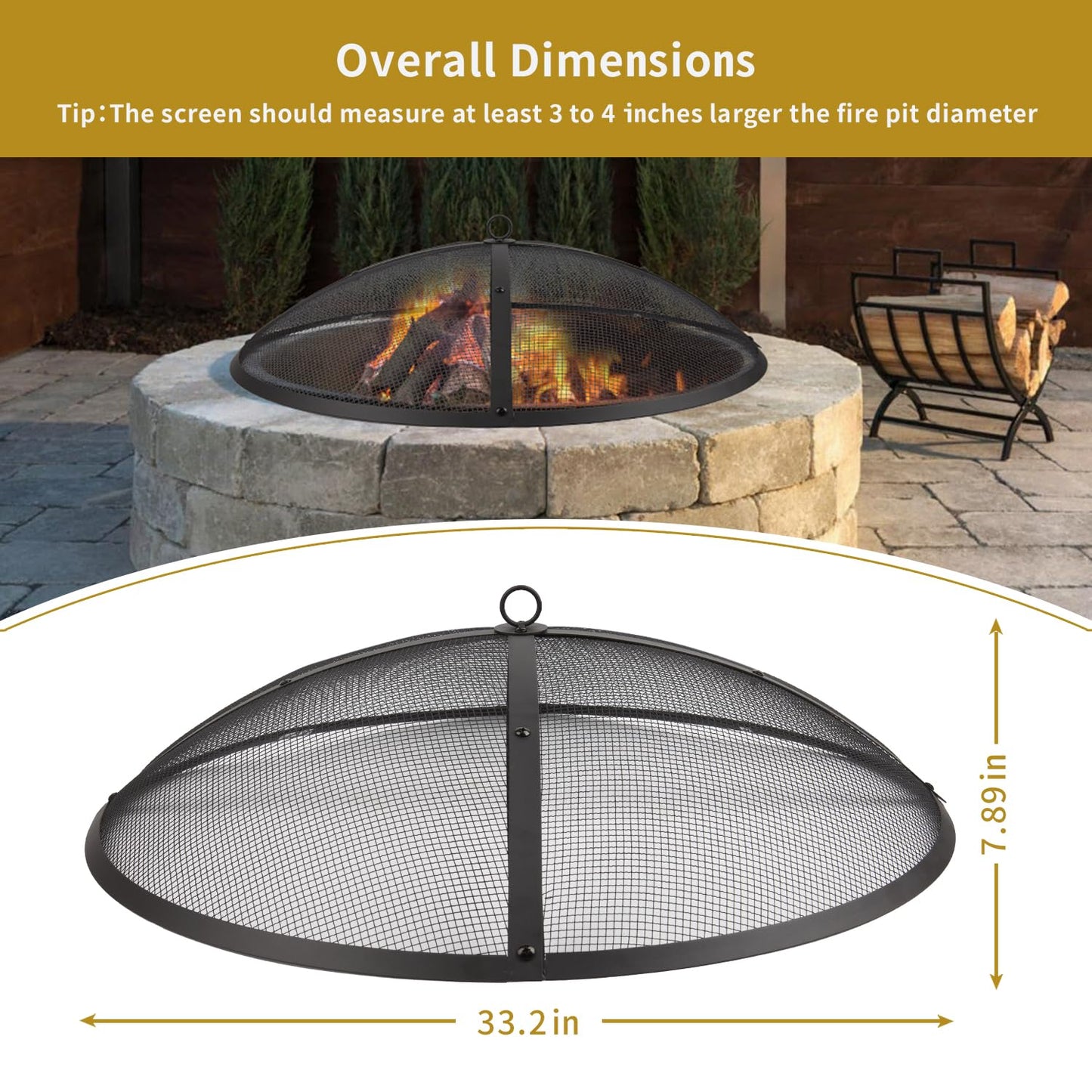 32Inch Heavy Duty Steel Fire Pit Spark Screen Cover,Outdoor Round Patio Mesh FirePit Screens Guard,Domed Fire Pit Ember Lid with Handle