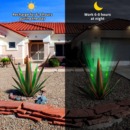 KODIBO Garden Statues, Metal Agave Plant with 4-Pack Artificial Barrel Cactus, Yard Sculpture for Outdoor Patio Lawn