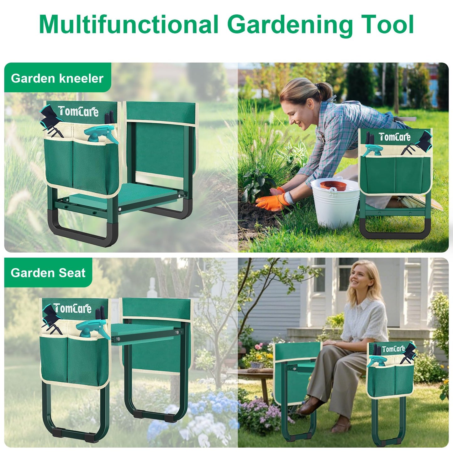 TomCare Garden Kneeler and Seat Upgraded 10.24" Wide Kneeling Pad Garden Bench with 2 Large Tool Bags Heavy Duty Foldable Garden Stool Tools Gardening Gifts for Women Men Seniors Gardeners