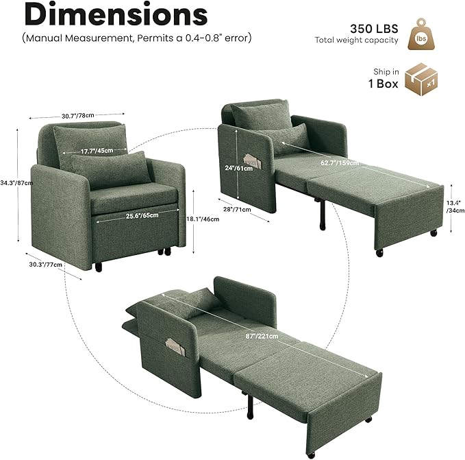 Iroomy 5-Level Adjustable Convertible Sleeper Chair, 3-in-1 Pull Out Sofa Bed
