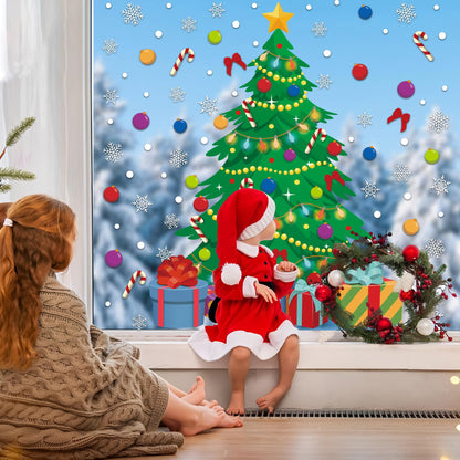 2 Sheet Christmas Tree Window Clings Extra Large Xmas Tree Snowflake Window Decals Stickers Reusable Double-Sided Christmas Windows Decorations for Xmas Winter Holiday Party Home Office Glass Decor