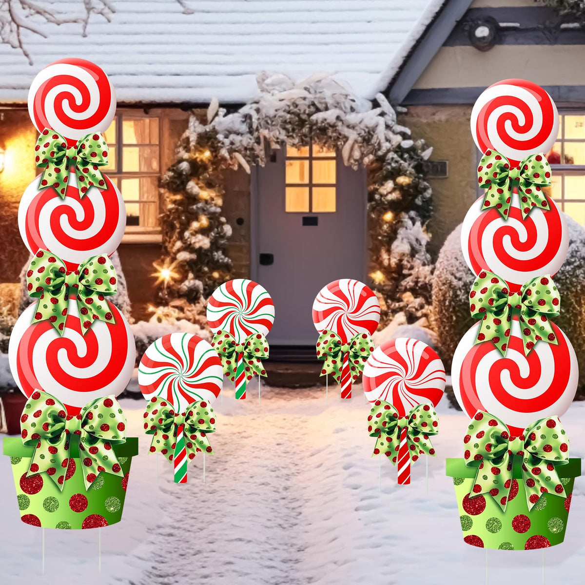 Meonum 4 Pcs Peppermint Candy Christmas Decorations Outdoor Large Christmas Yard Stakes Lime Green and Red Xmas Candy Garden Lawn Signs with Stakes and Bow for Home Pathway Walkway Party Decor(Green)