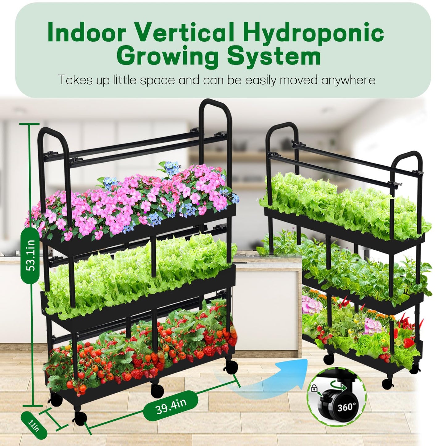 Large 3-Tier Indoor Hydroponics System Kit with Grow Lights, Dual Implant Configuration for Vegetable Fruit Herb Seedling Cultivation and Large-Scale Planting,Double Water Pump