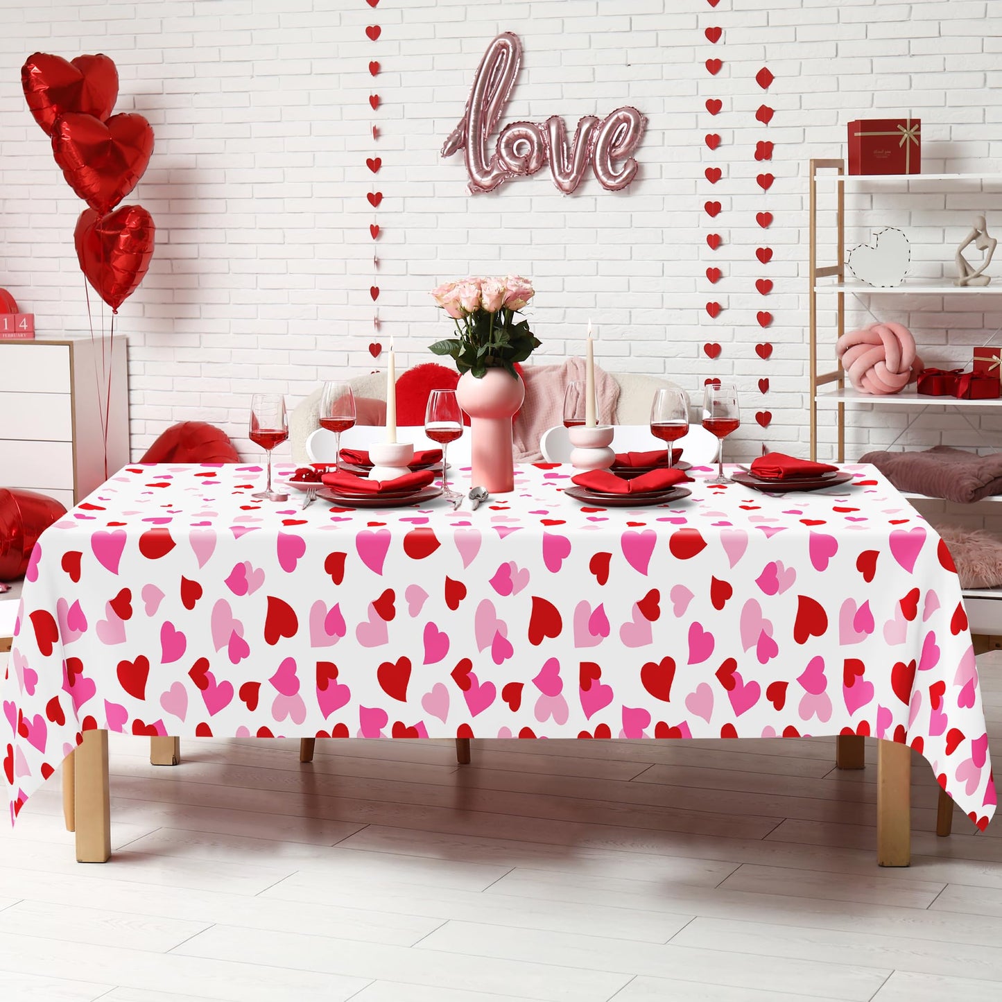 4 Pack Valentines Decorations, 108" X 54" Valentines Tablecloths, Heart-shaped Disposable Red Pink Tablecloths Love Plastic Table Cover, Galentines Decorations Party Supplies for Wedding Birthday