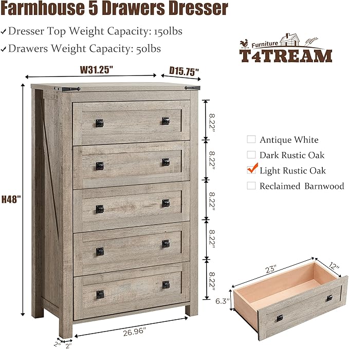 T4TREAM Farmhouse 5 Drawers Dresser Chests