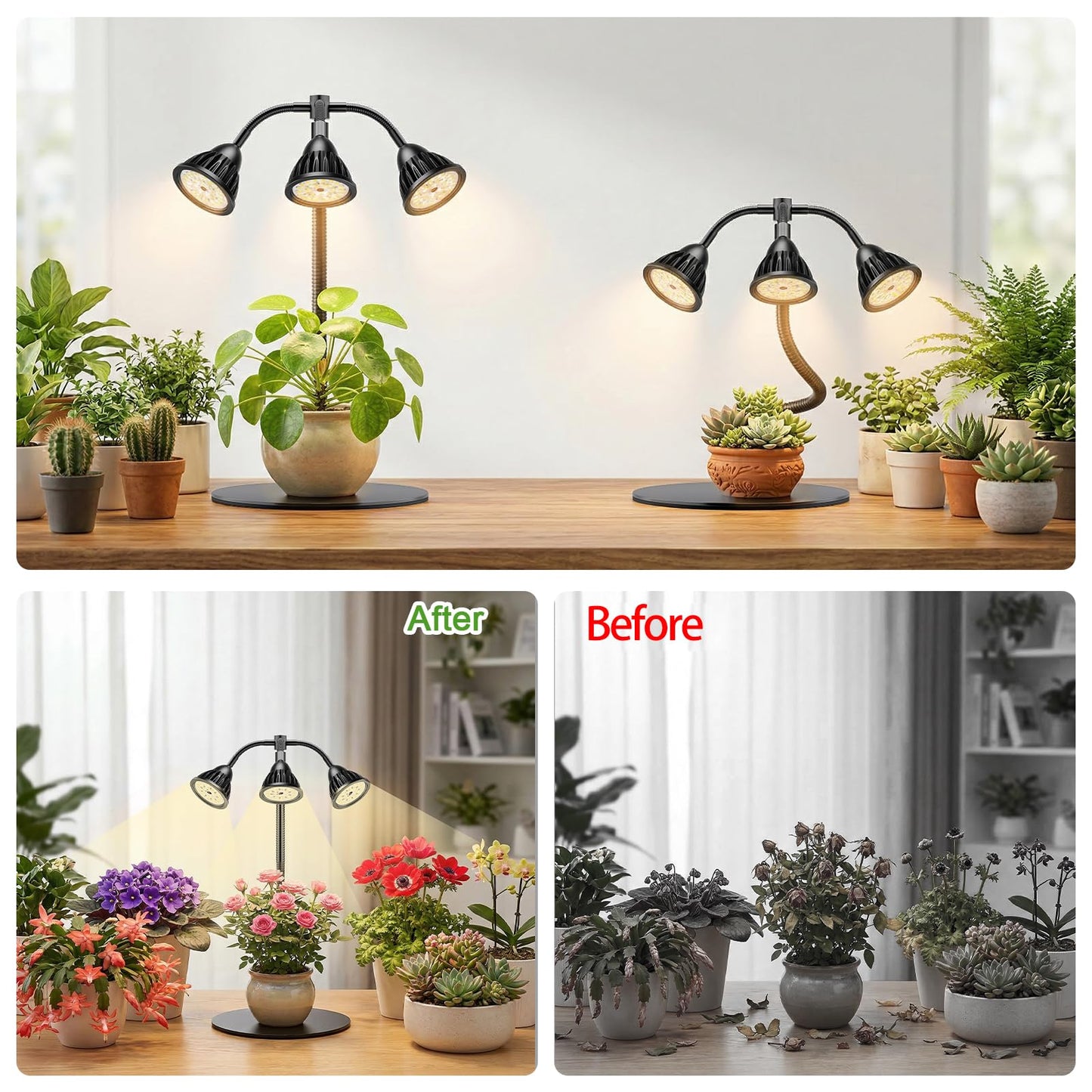 QCQHDU Grow Lights for Indoor Plants Full Spectrum,81 LED Triple-Bulb Plant Growing for Seed Starting Lamp with 3/9/12H Timer,Adjustable Gooseneck with Base,3 Switch Modes
