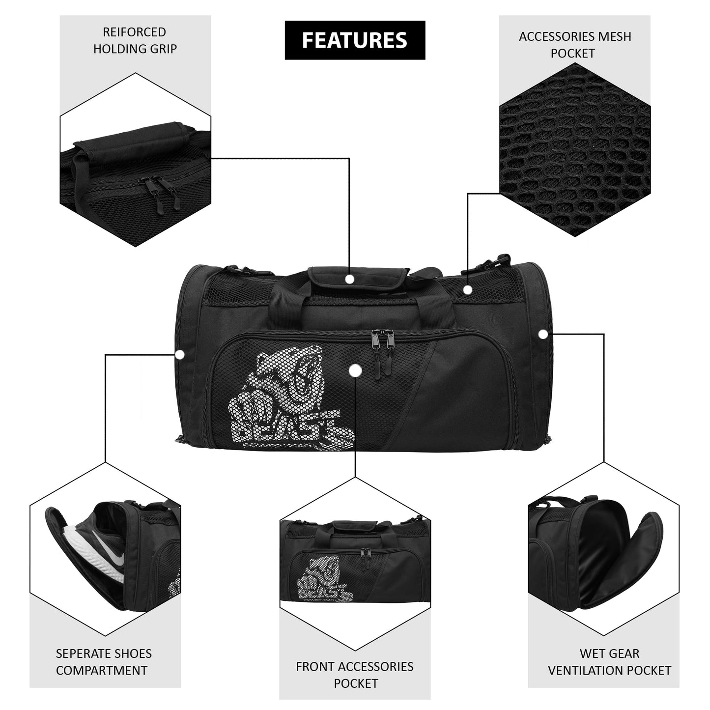 Beast Power Gear Gym Duffle Bag - Workout, Boxing, MMA, Sports Bag with Shoes Compartment and Adjustable Shoulder Strap for Men and Women (Black/White)