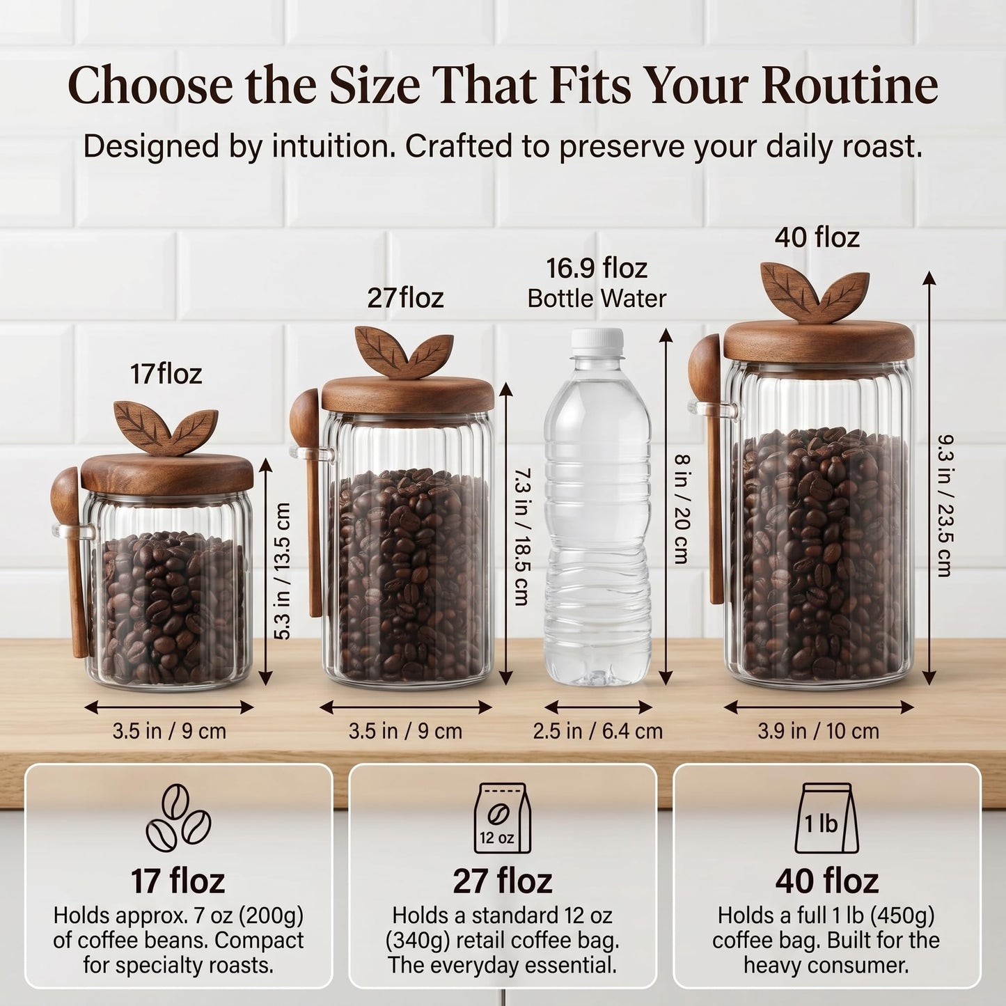 Splotiva Glass Coffee Canister with Wooden Lid & Spoon, Airtight Food Storage Jar for Coffee, Sugar, Salt, Tea & Snacks (17floz x 2)
