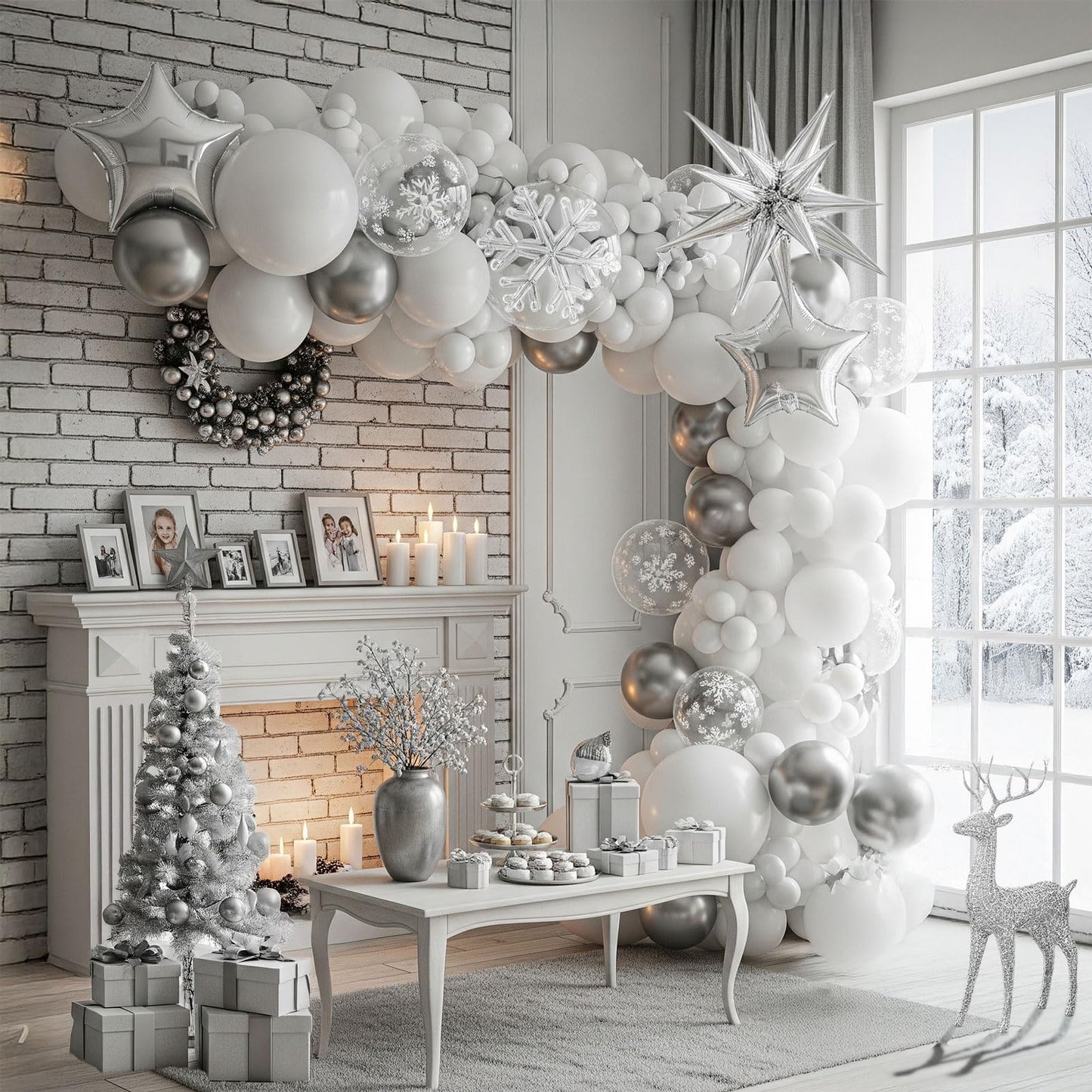 White Winter party decorations with Pearl White Silver Balloon Garland Arch & foil Star printed balloons Artificial Snowflakes for winter wonderland 1st birthday Christmas new year party decorations