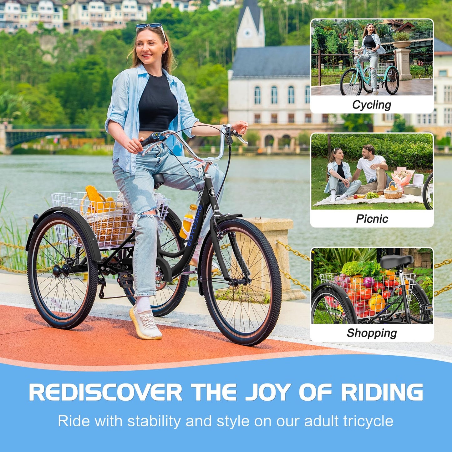 EOYOBIKE Adult Tricycle 3-Wheel Cruiser Bike, Low Step-Through Frame, Large Rear Basket, Heavy-Duty Comfort Bicycle with Adjustable Handlebar & Spring Saddle, 24/26 Inch Wheels for Seniors & Adults