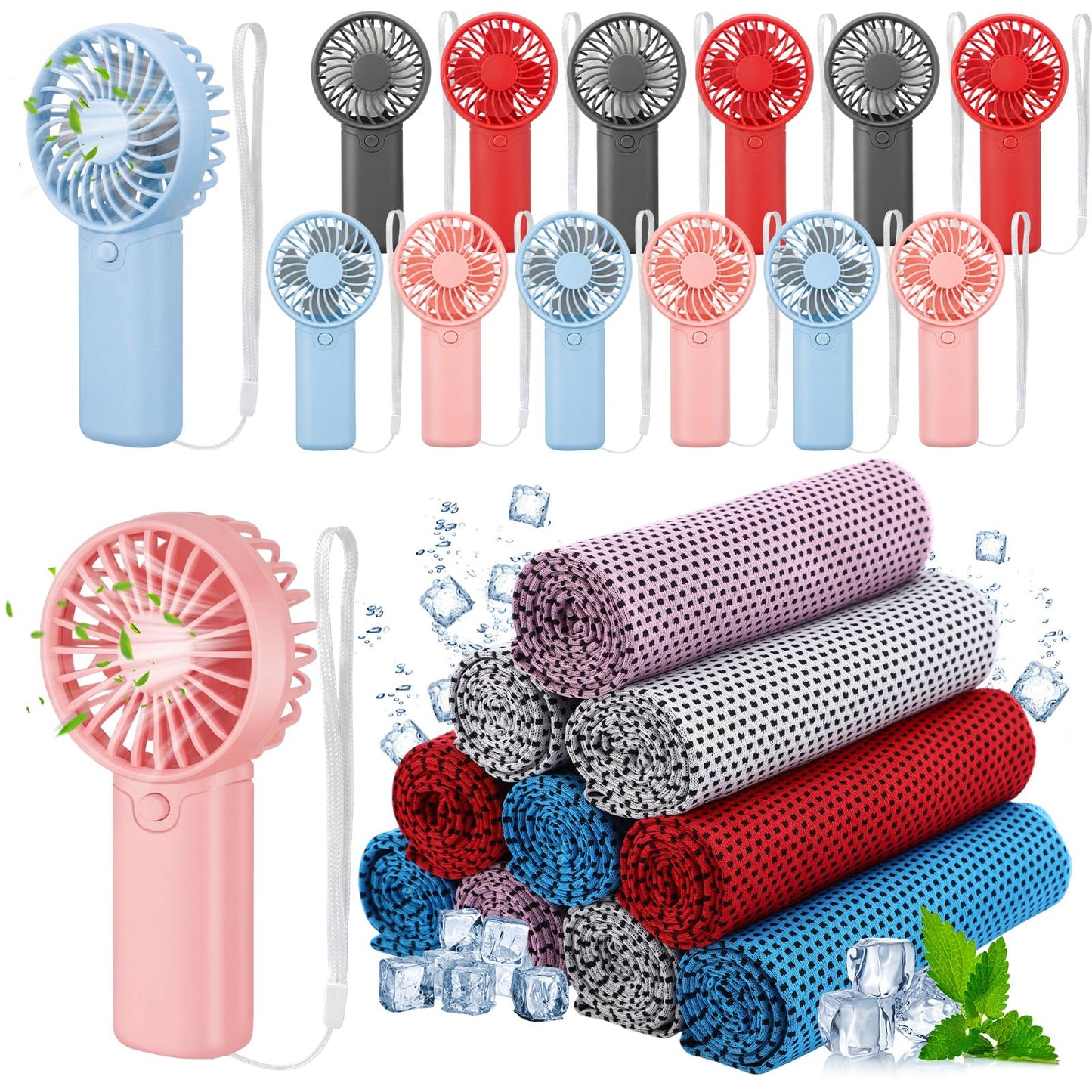 Retisee 24 Pcs Cooling Towel Mini Portable Fan Set 32 x 12 Inch Ice Towel Chilly Handheld Battery Powered Fan Cooling Sport Gifts for Travel Makeup Yoga Camping Running Summer(Fresh,Multicolor)