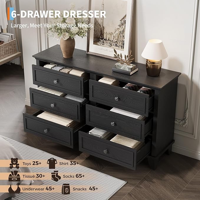 IDEALHOUSE 6 Drawer Dresser, Wooden Storage Chest of Drawers