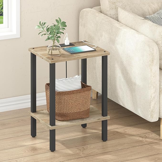 TUTOTAK End Table with Charging Station, Small Side Table, Nightstand Bedside
