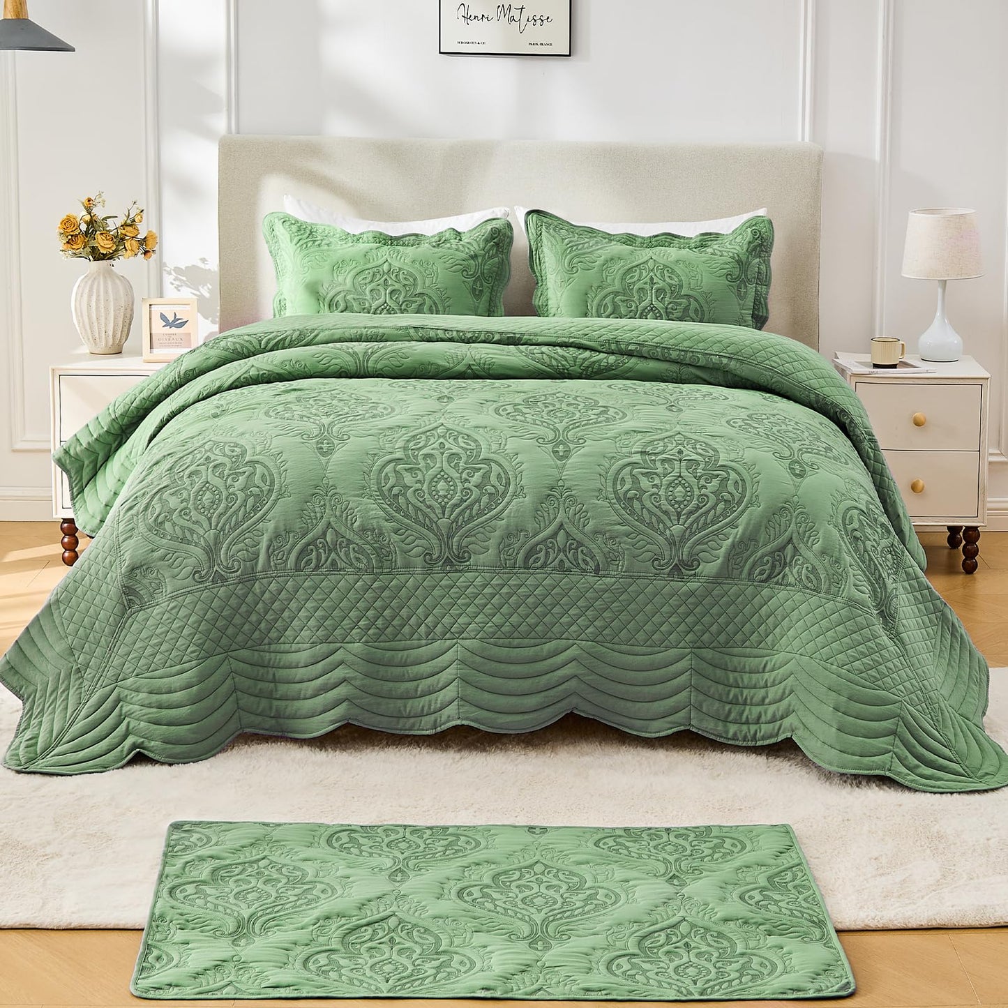 DaisyHuang Oversized Bedspread Coverlet Set Full Size - Lightweight Bedding Cover - Beautiful Stitching - 4 Piece Reversible Bedspread, Olive Green