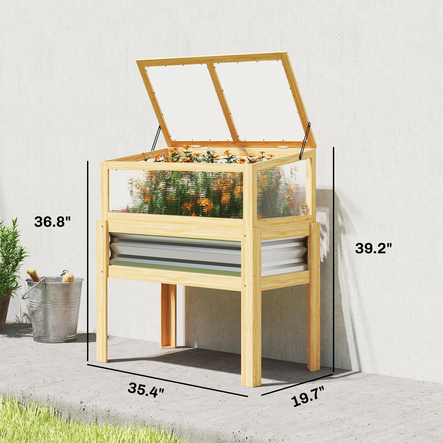Outsunny Wooden Raised Garden Bed with Flip-Up Greenhouse Top, Raised Garden Bed with Legs and Bed Liner, Elevated Planter Box for Flowers, Vegetables, Herbs, Natural