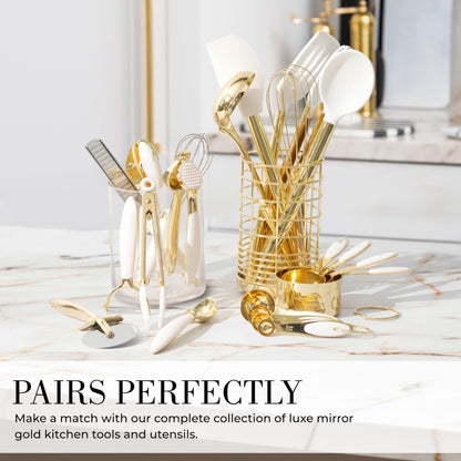 White & Gold Cooking Utensils Set - Luxe 8-Piece Kitchen Gadget Set Includes Can Opener, Tongs and Garlic Press - Stylish White and Gold Kitchen Accessories for Modern Kitchens, Ideal for Gifting