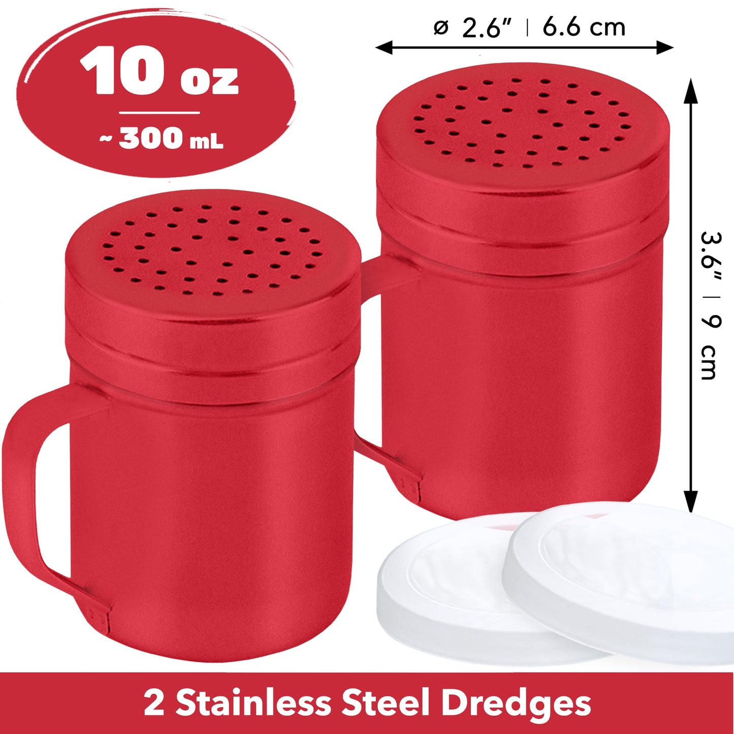 CUSINIUM 10oz Red Stainless Steel Salt Pepper Dredge Shakers - With Plastic Cap - With Handle - Pack of 2