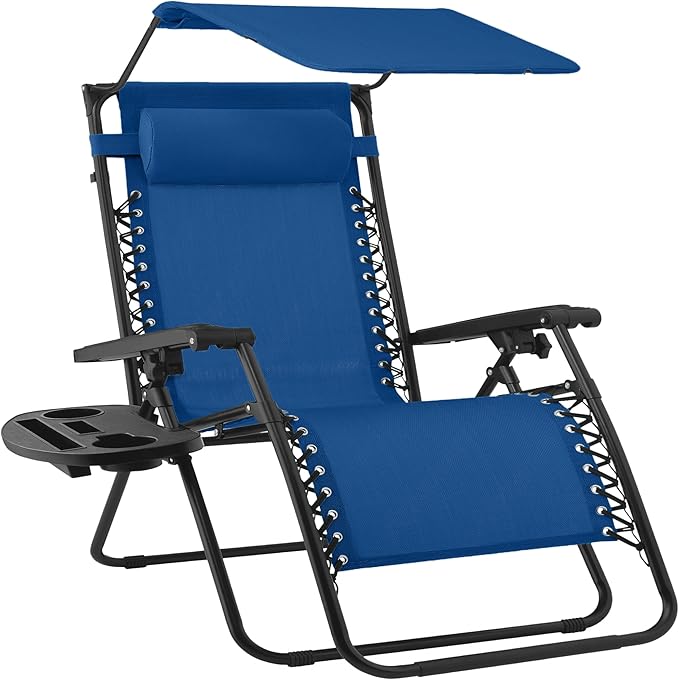 Best Choice Products 30” Wide Folding Zero Gravity Outdoor Recliner Patio Lounge Chair w/Adjustable Canopy Shade, Headrest, Side Accessory Tray - Marine