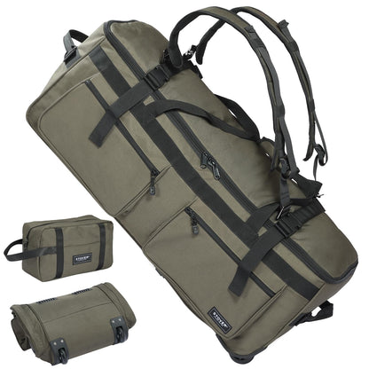 STOVER 45/80/100L U-Zip Rolling Duffel Bag with Wheels, X-Large Durable Travel Duffle + Toiletry Bag, Lay-Flat Opening, Packable w/Shoulder Straps- Use as Luggage or Backpack, Men/Women (Green)