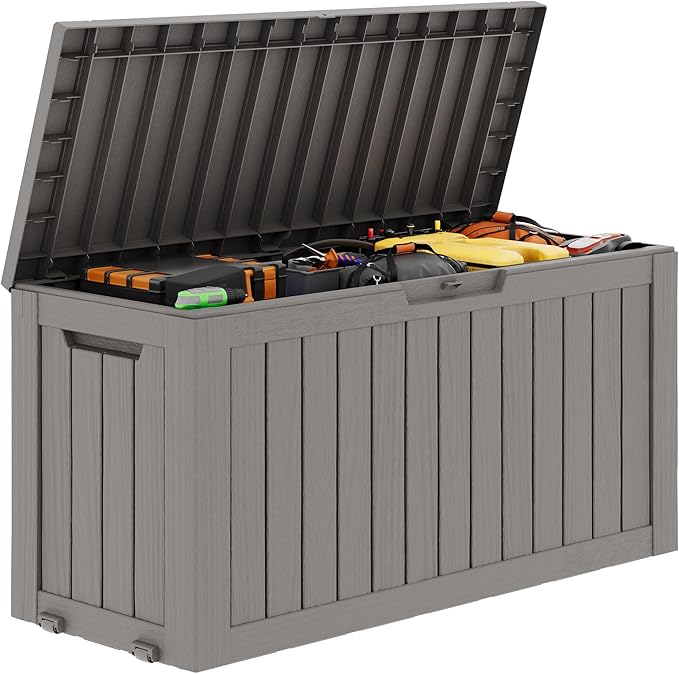 Outdoor Storage Box, Resin Deck Boxes Indoor and outdoor, Waterproof Storage Box Lockable Lid (Grey, 75 Gallon)