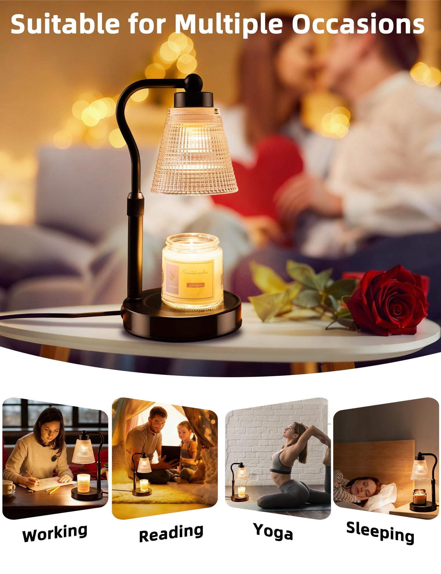 Candle Warmer Lamp for Jar Candles, Height Adjustable & Dimmable with 2/4/8H Timer, 2*50W Halogen Wax Melter Warmer for Home Office Décor, Flameless & Smokeless, Gift for Women Mom, Black-Clear/1 Pack