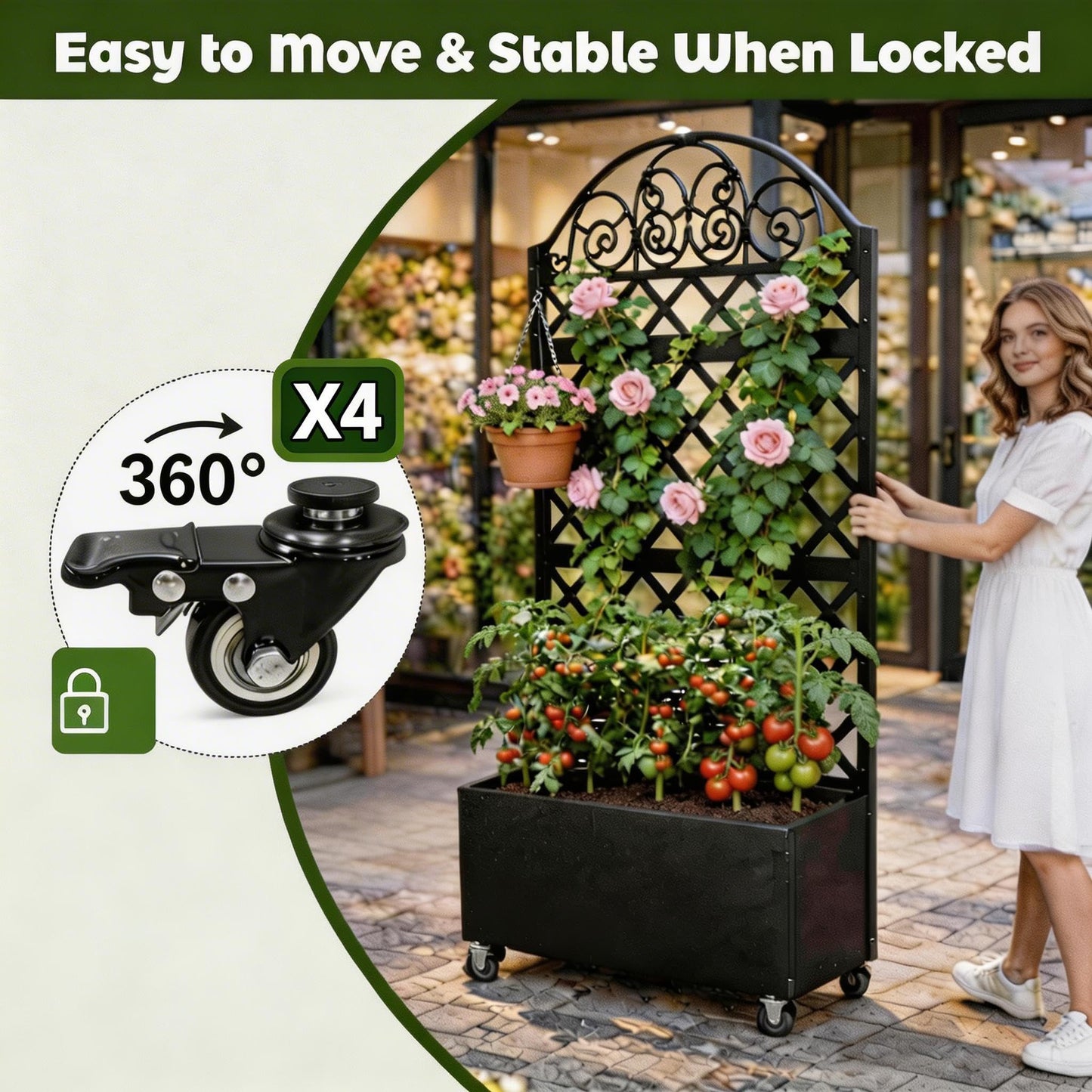 Privacy Planters for Patio, 73" Ornamental Metal Planter Box with Trellis & Locking Wheels, Scrollwork Arch Raised Garden Bed for Climbing Plants Roses Vines, Outdoor Flower Box with Drainage