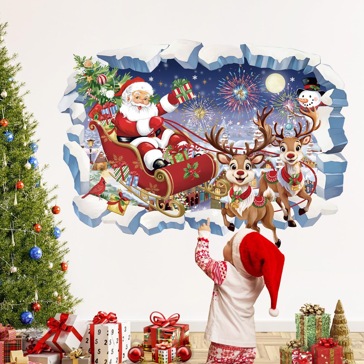 wondever 3D Christmas Wall Stickers Santa Claus and Reindeer Snowman Christmas Window Wall Art Decals for Party Window Xmas Home Party