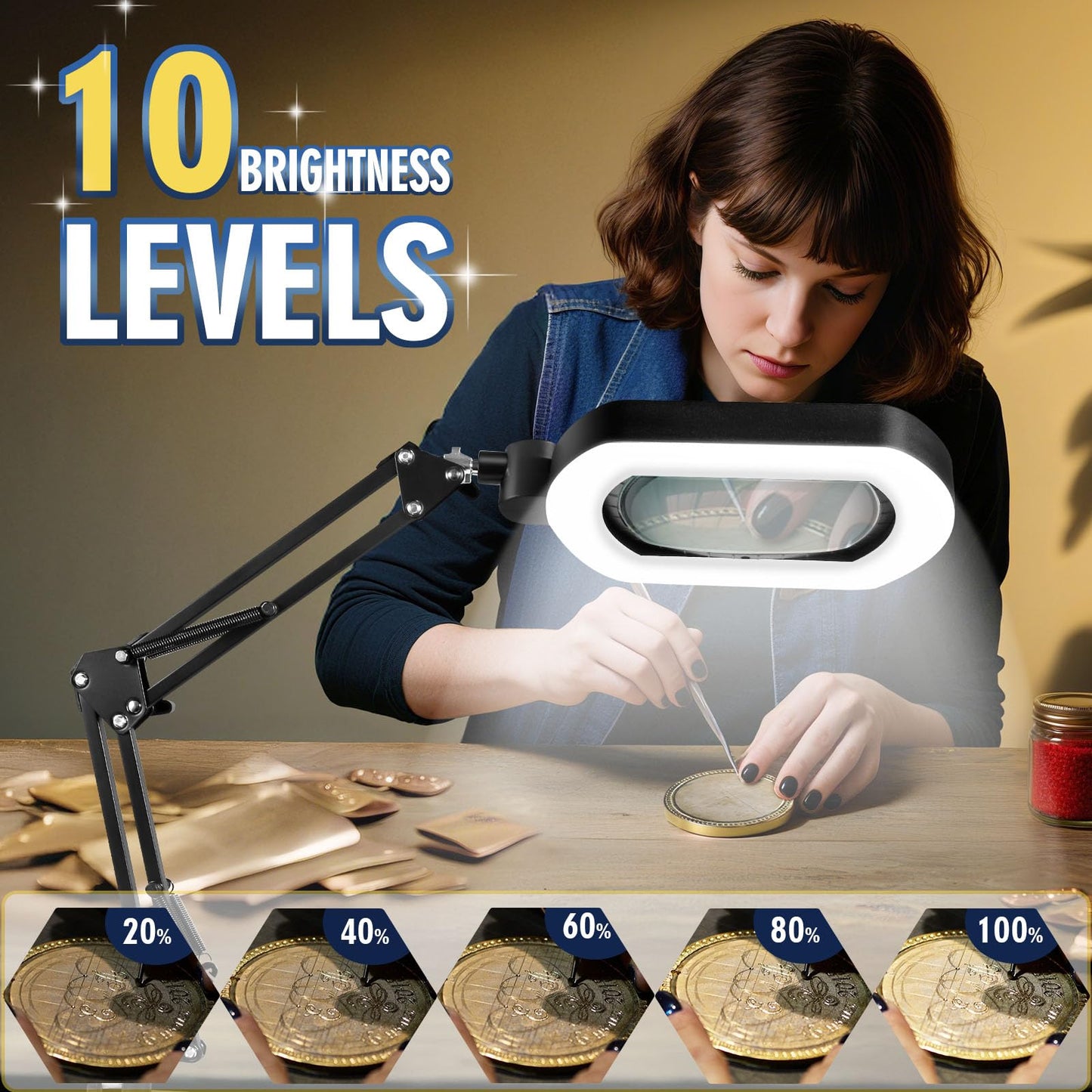 12X Square Magnifying Glass with Light and Stand with 144 LEDs Brightness, 5 Color Modes Hands Free Lighted Magnifying Glass, 10 Dimmable Brightness Magnifying Desk Lamp for Close Work Craft Reading
