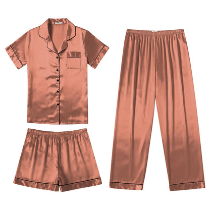 Ekouaer Silk Pajamas for Women Set Satin Pjs Soft Short Sleeve Button Down Sleepwear 3 Piece Loungewear S-XXL