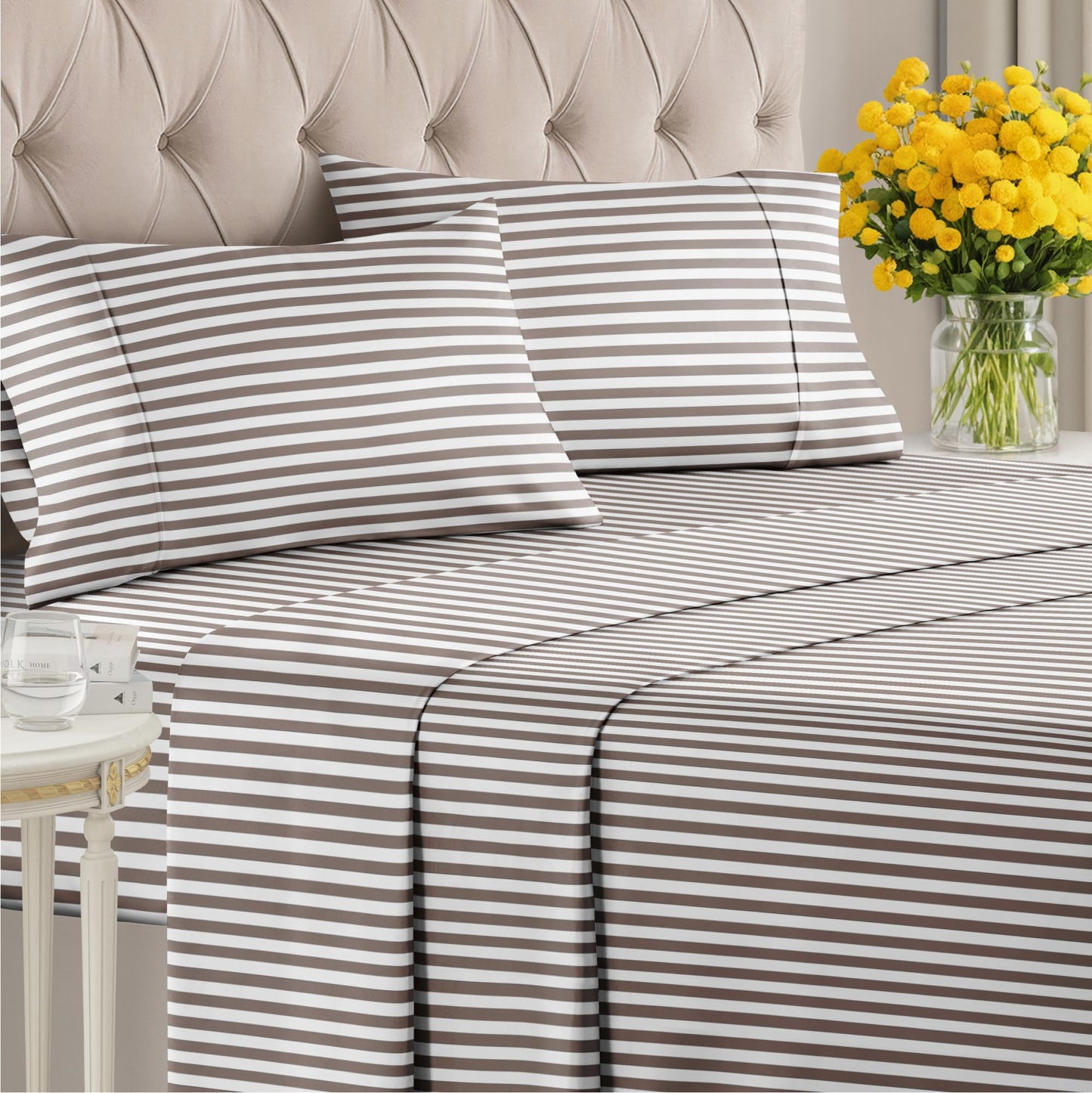 Striped Sheets - Brown Striped Sheets - 1 Flat & 1 Fitted & 2 Pillowcases w/ Deep Pockets – Comfy, Wrinkle & Fade Free - Ultra-Soft, Breathable & Cooling – Luxury Pinstripe Bedding - Full Size Bed Set