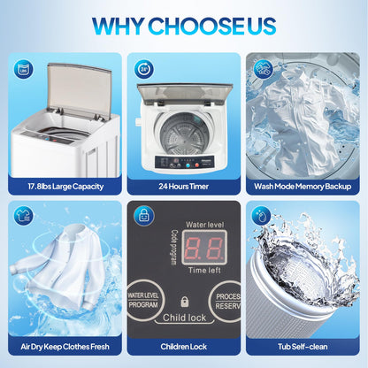 ROVSUN 17.8LBS Portable Washing Machine, Full-Automatic Electric Laundry Machine with Stainless Steel Drum, Compact Washer and Spin Dryer Combo with Drain Pump for Apartment, Dorm, Home
