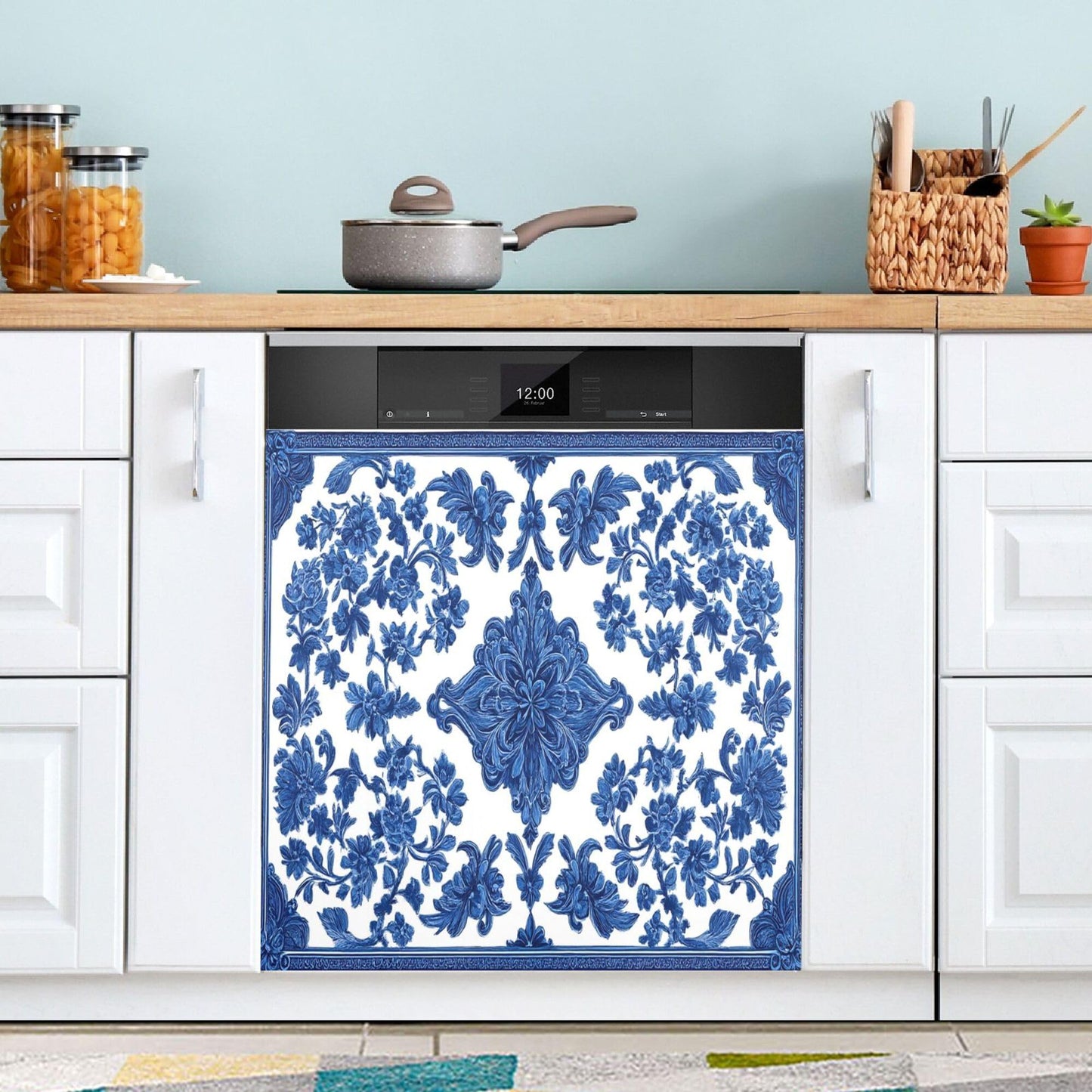 Blue White Porcelain Dishwasher Stickers Magnetic Cover Floral Leaves Kitchen Fridge Magnet Covers Decals Home Decorations Vinyl Sticker Reusable 23W x 26H inches