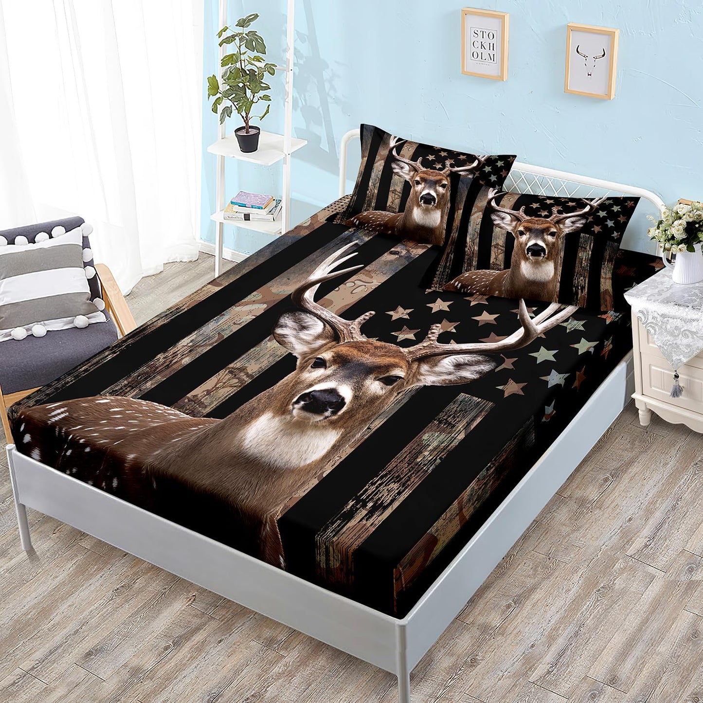 HOSIMA Deer Hunting Camo Bedding,Hunter Bedding Set American Flag Fitted Sheet Set Full Size for Adult Teen Boy Bedroom Decor,1 Fitted Sheet+2 Pillowcases.