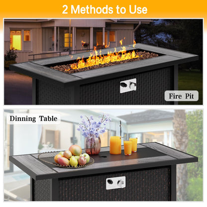 Meilocar 45in Fire Table, Propane Fire Pit with Red Lava Rocks and Rain Cover, Outdoor Firepit Table with Tile Top 50000 BTU 2-in-1 Fire Table for Patio/Yard/Balcony, Gray Tabletop
