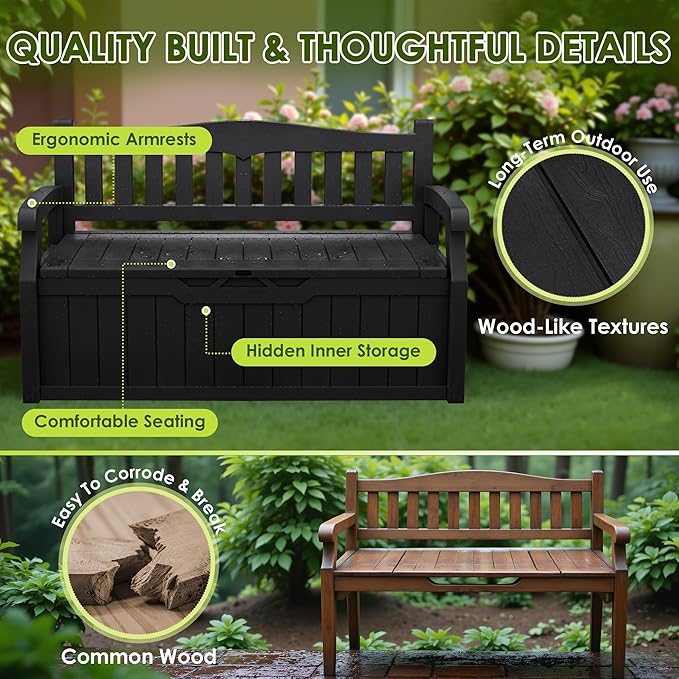 Greesum 80 Gallon Heavy-Duty Outdoor Storage Bench with Cushion, UV-Resistant Resin Bench with Armrest, Deck Box for Garden, Poolside, Patio, Black