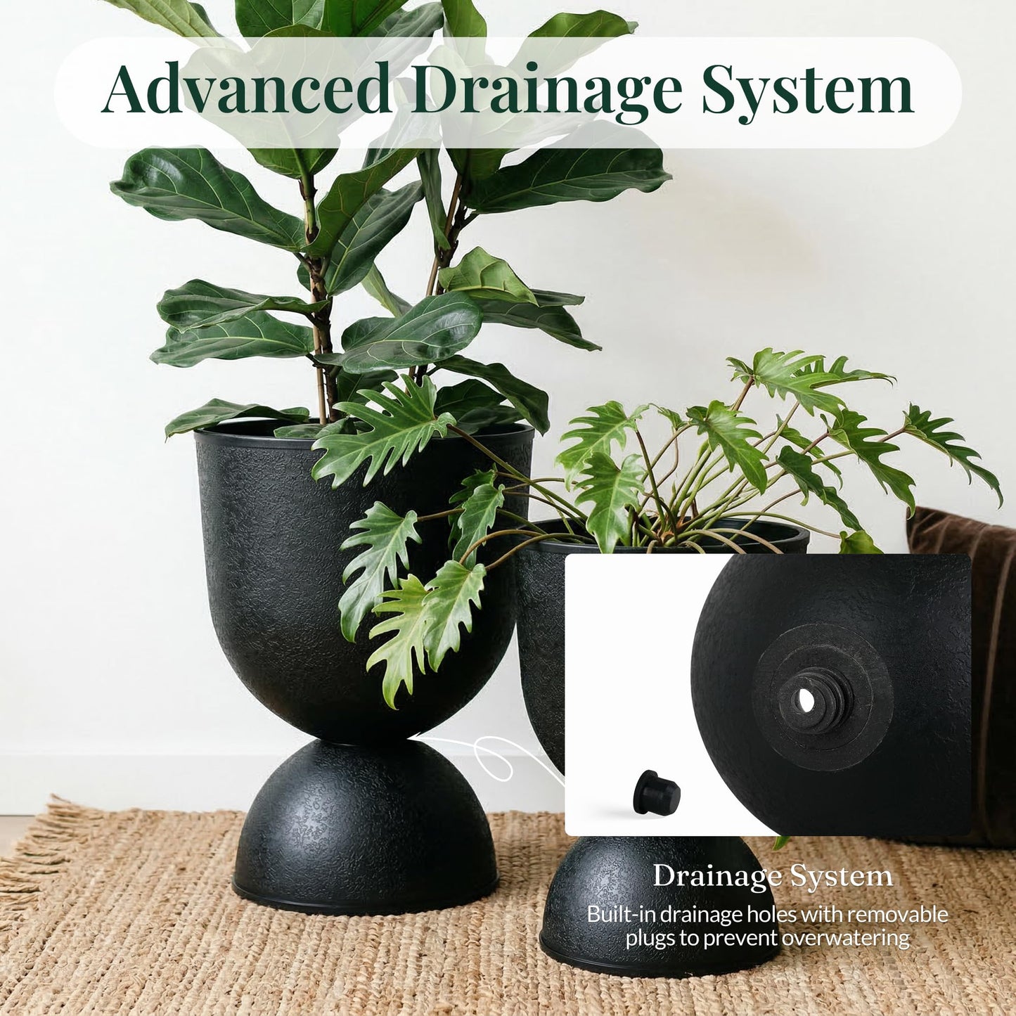 KOL Planters Flower Pots, Large Plastic Urn Planters for Indoor Outdoor Plants, Black Pedestal Planter 2 Pack, 18 Inch+23 Inch, Tall Decorative Planters with Drainage Holes & Plugs for Porch Garden