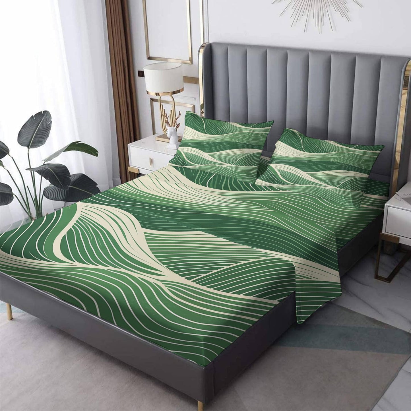 Abstract Wave Sheets California King Size, Modern Art Bed Sheets, Patterned Bedding Sheets & Pillowcases 4 Piece Set - Soft Microfiber Deep Pocket Fitted Sheet & Flat Sheet & 2 Pillow Cases M&-A421