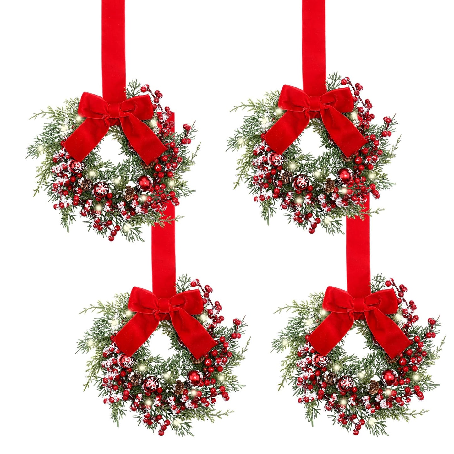 Hoteam 4 Pcs 9 Mini Decor Wreaths Small Cabinet Wreath with Rustic Bow Outdoor Decorations for Porch Window Farmhouse Decor(Bells and Red Berries)