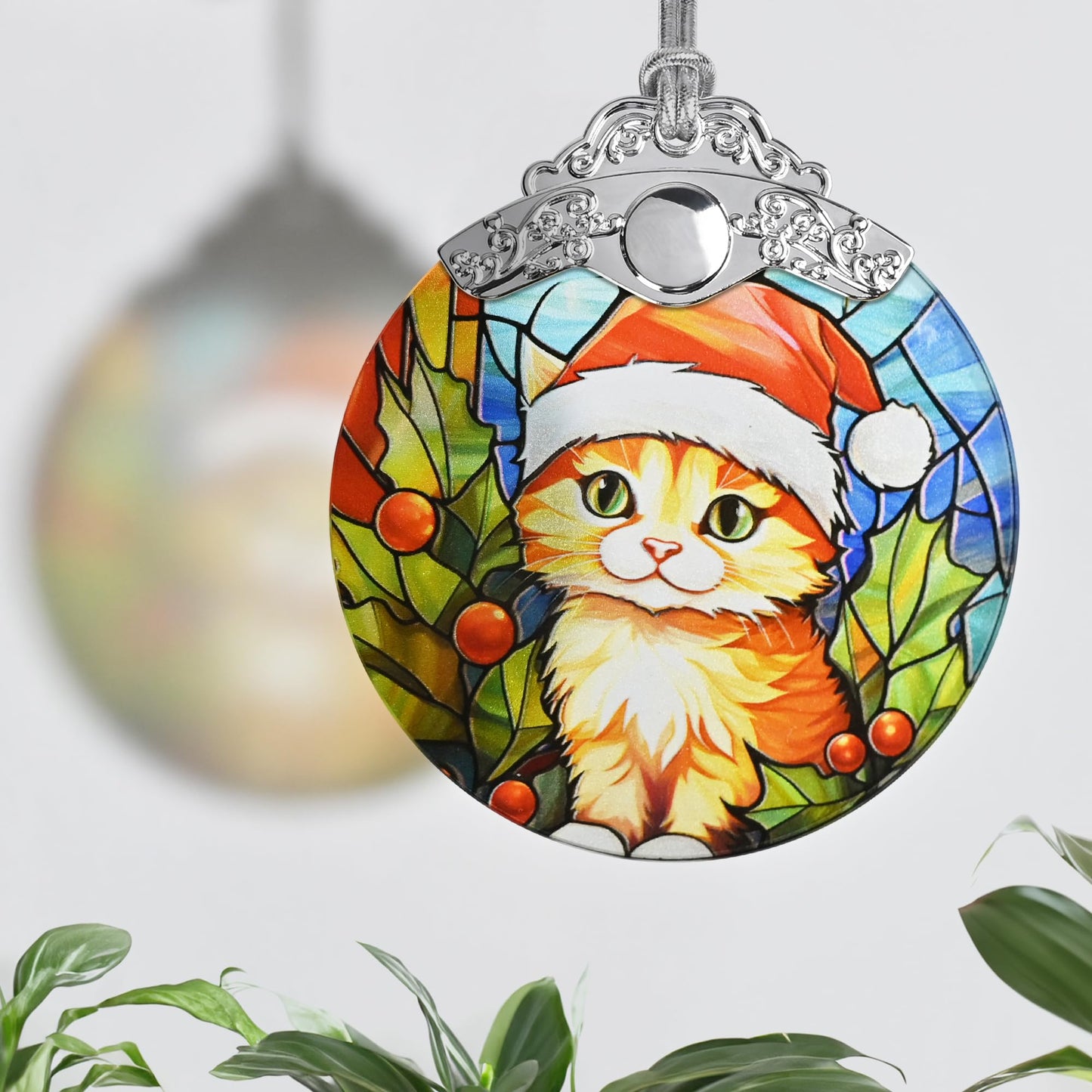 Cat Christmas Ornament, Jocidea Stained Glass Ornaments for Christmas Tree, Christmas Tree Decorations, Cat Lovers Gifts, Holiday Decor and Xmas Gifts Ideas