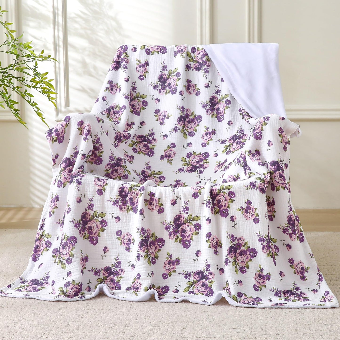 Muslin Blankets for Adults Reversible Throw Fleece & Gauze, Soft Cozy Lightweight Breathable Floral Blanket for Bed Couch, Double Layer Muslin Purple Rose Throw Cover 50"x70"